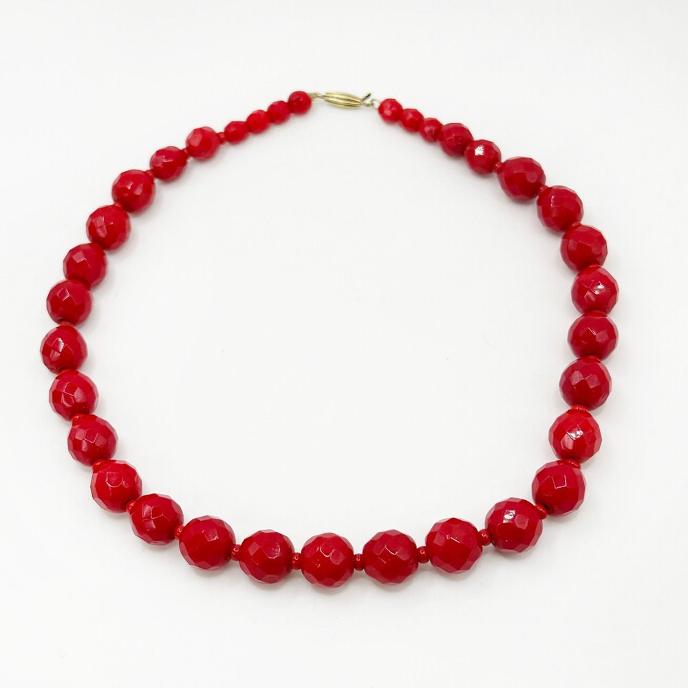 Vintage 1950s Cherry Red‎ Czech Glass Choker Necklace 14" 14K Gold Clasp
